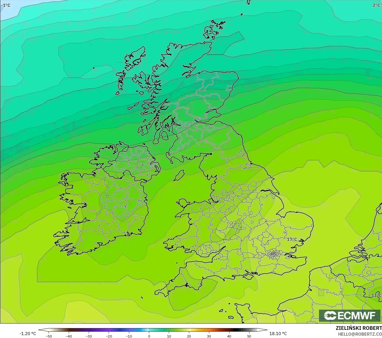 ECMWF IFS 0.25° modelo - Reino Unido, Temperatura a 850 hPa
