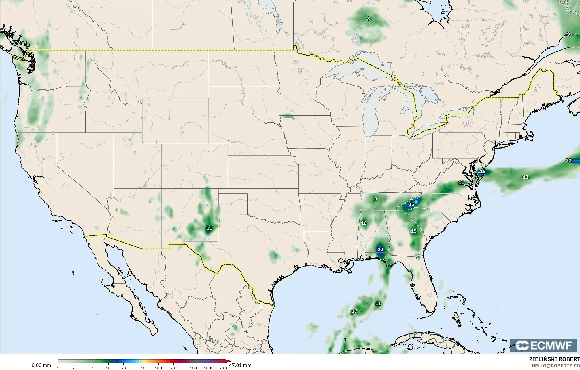 ECMWF IFS 0.25° modelo - Estados Unidos, Acumulación de precipitación