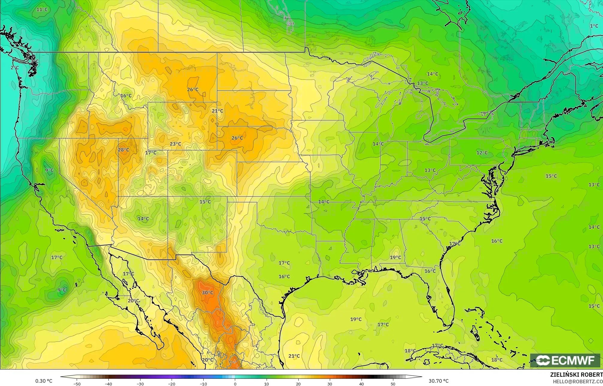 ECMWF IFS 0.25° modelo - Estados Unidos, Temperatura a 850 hPa