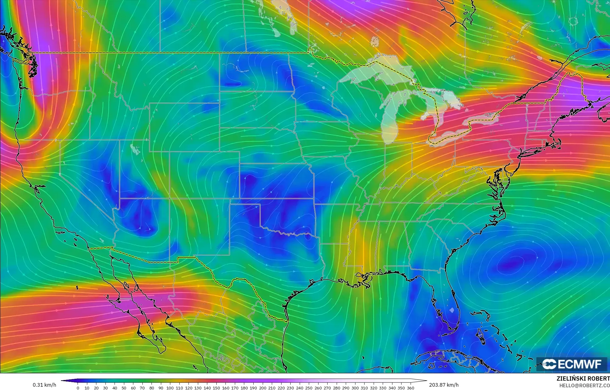 ECMWF IFS 0.25° modelo - Estados Unidos, Viento a 300 hPa (corriente en chorro)