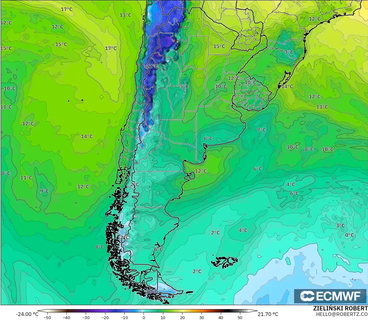 ECMWF IFS 0.25° modelo - Argentina, Punto de rocío a 2 m