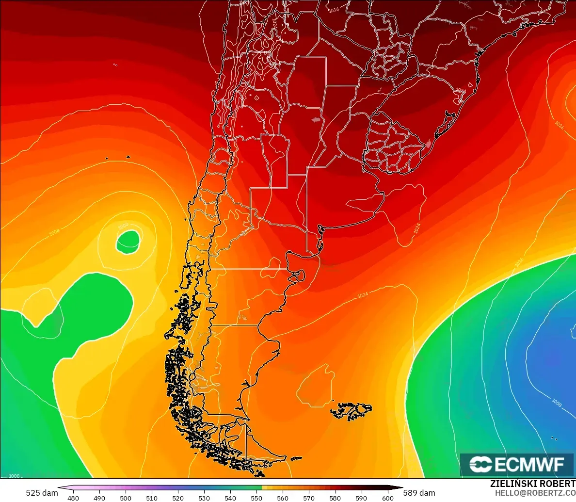 ECMWF IFS 0.25° modelo - Argentina, Altura geopotencial a 500 hPa