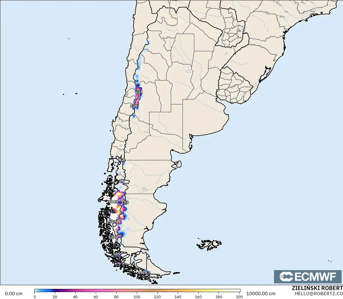 ECMWF IFS 0.25° modelo - Argentina, Profundidad de nieve