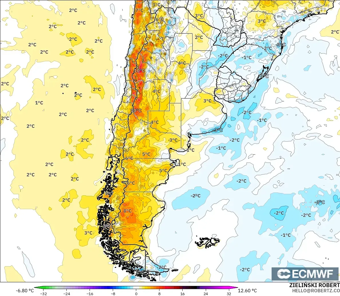 ECMWF IFS 0.25° modelo - Argentina, Anomalía de temperatura a 2 m