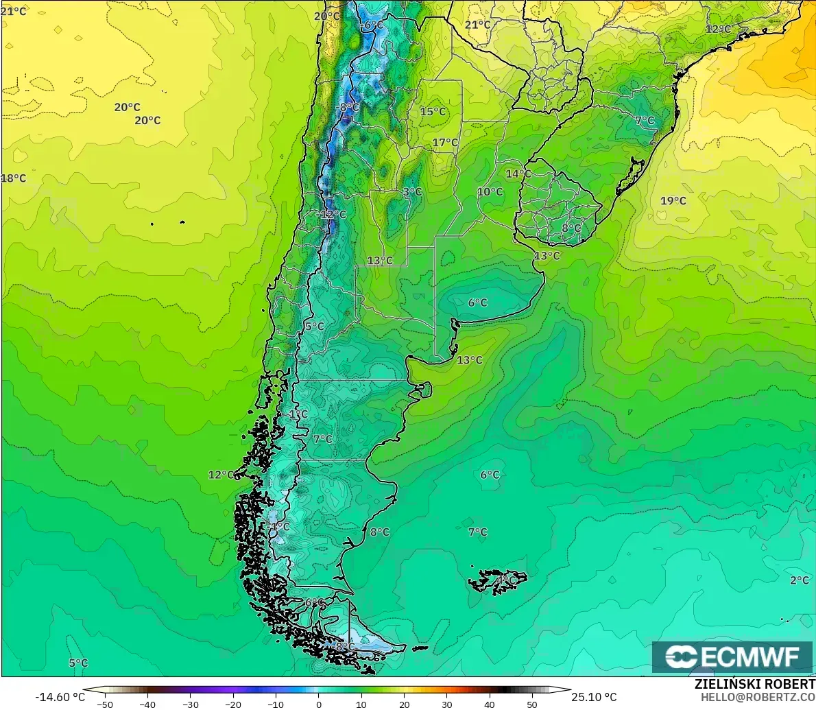 ECMWF IFS 0.25° modelo - Argentina, Temperatura a 2 m