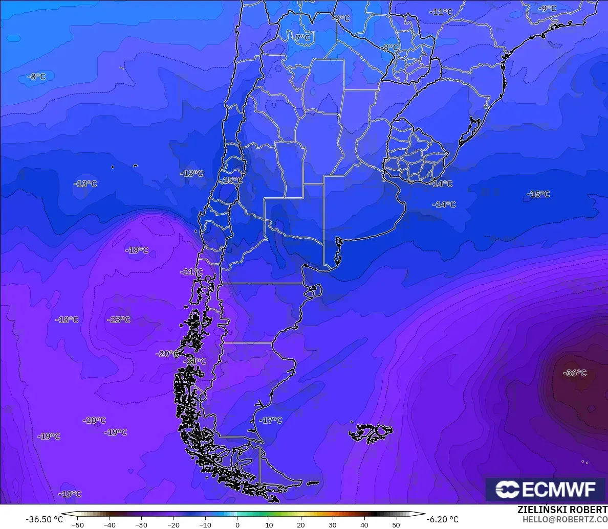 ECMWF IFS 0.25° modelo - Argentina, Temperatura a 500 hPa