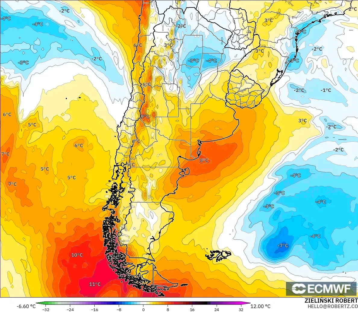 ECMWF IFS 0.25° modelo - Argentina, Anomalía de temperatura a 850 hPa