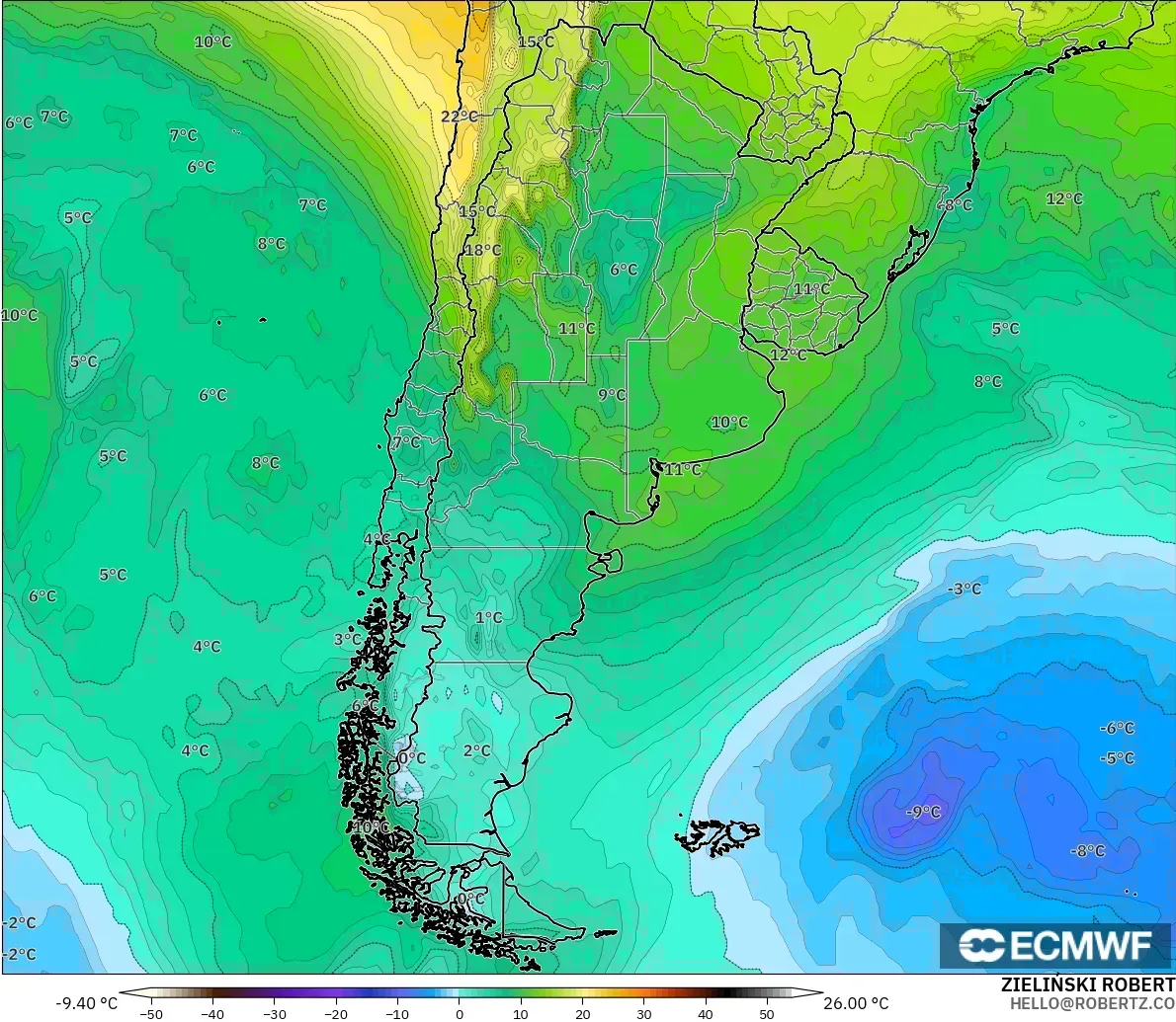 ECMWF IFS 0.25° modelo - Argentina, Temperatura a 850 hPa