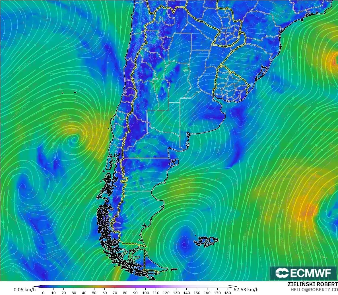 ECMWF IFS 0.25° modelo - Argentina, Viento a 10 m