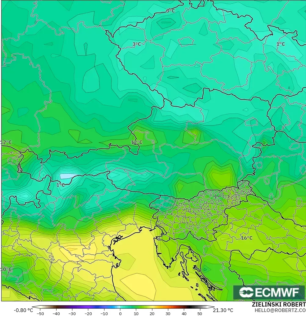 ECMWF IFS 0.25° modelo - Austria, Punto de rocío a 2 m