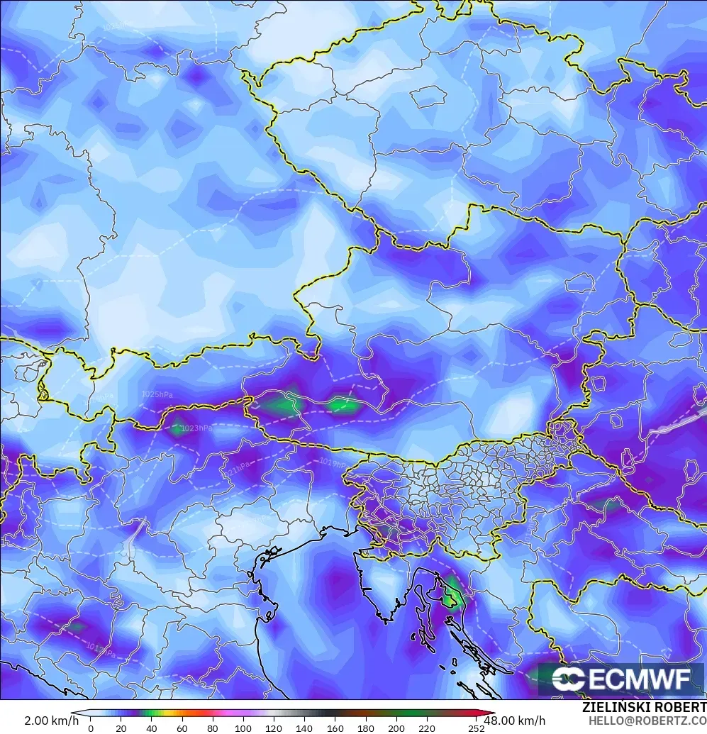 ECMWF IFS 0.25° modelo - Austria, Ráfagas de Viento Máximas