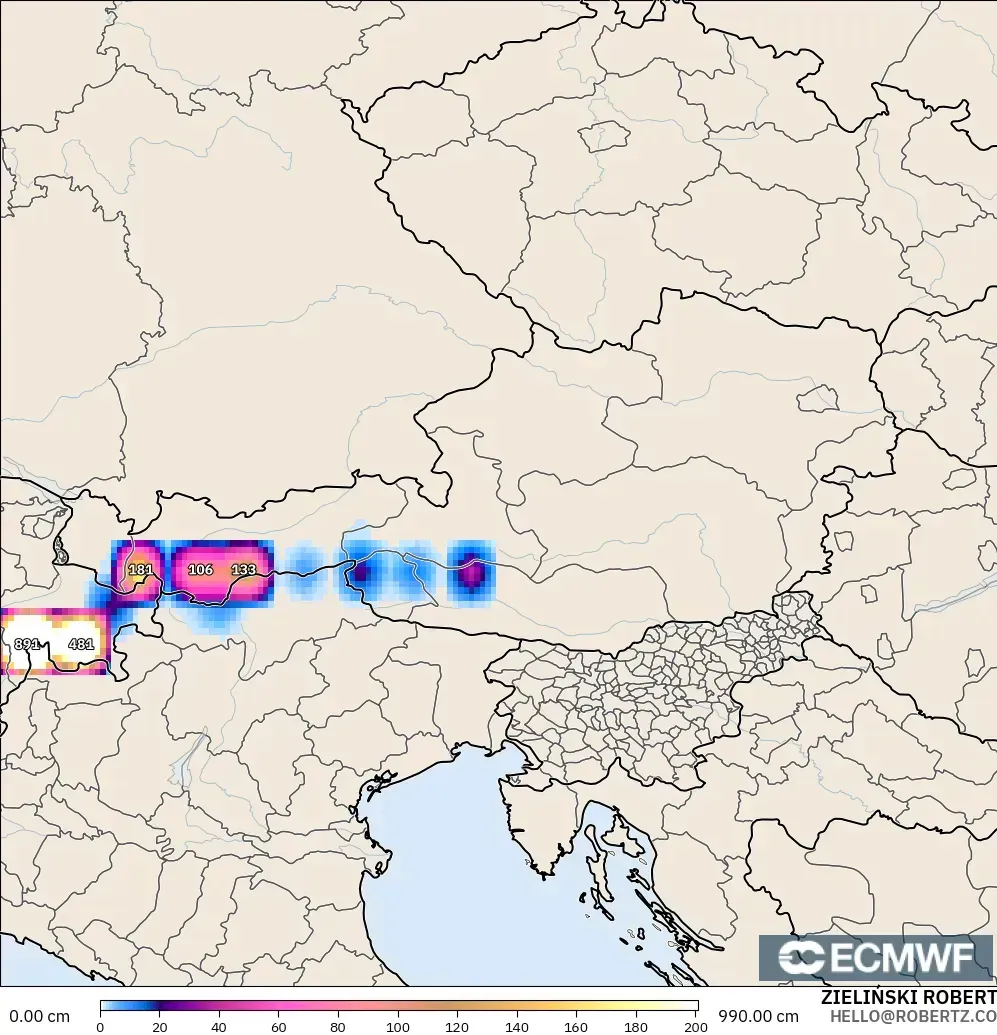 ECMWF IFS 0.25° modelo - Austria, Profundidad de nieve