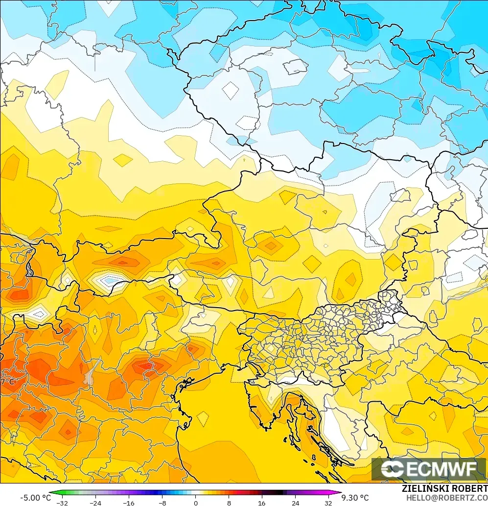 ECMWF IFS 0.25° modelo - Austria, Anomalía de temperatura a 2 m