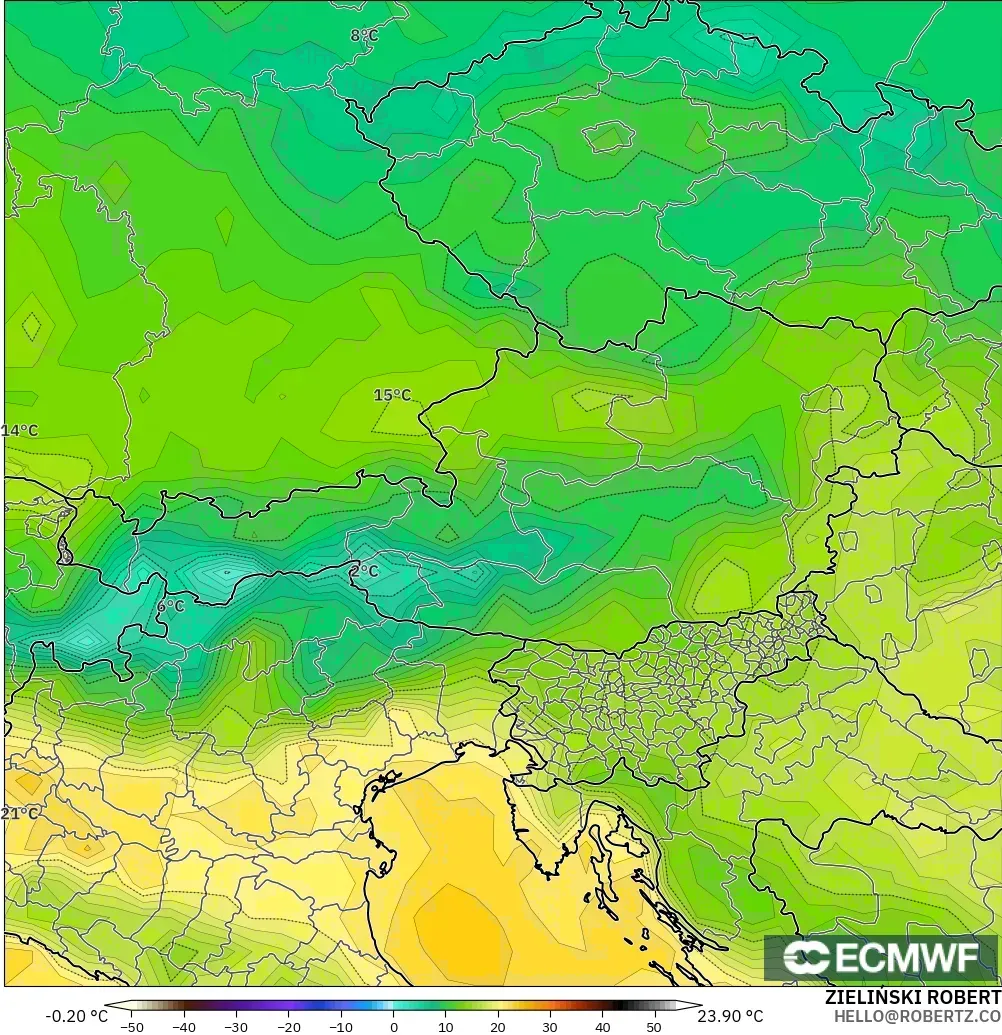 ECMWF IFS 0.25° modelo - Austria, Temperatura a 2 m
