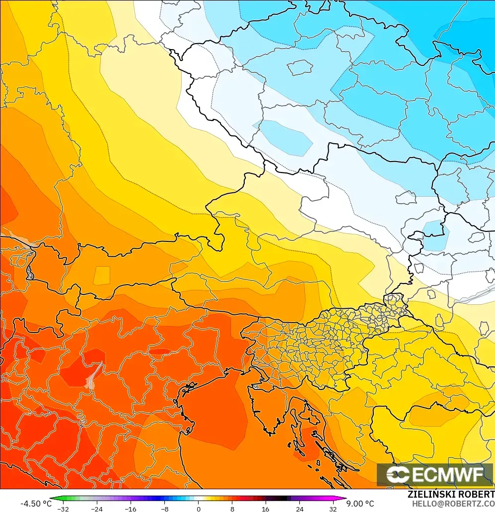 ECMWF IFS 0.25° modelo - Austria, Anomalía de temperatura a 850 hPa