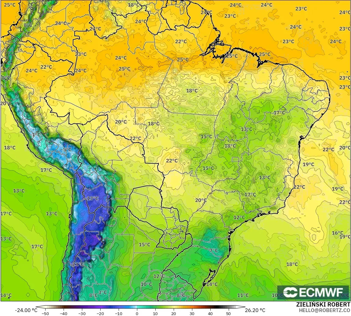 ECMWF IFS 0.25° modelo - Brasil, Punto de rocío a 2 m