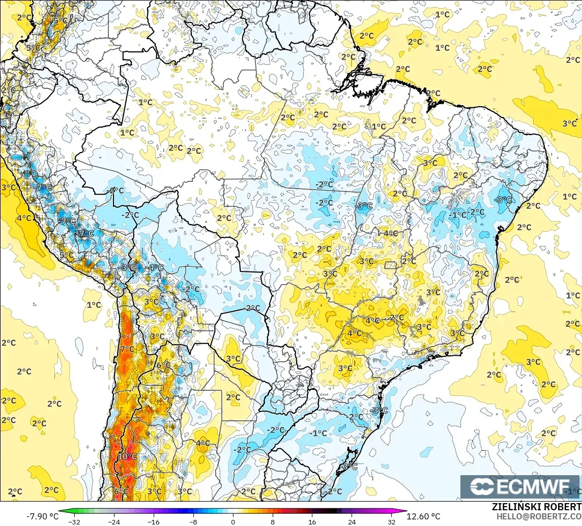 ECMWF IFS 0.25° modelo - Brasil, Anomalía de temperatura a 2 m
