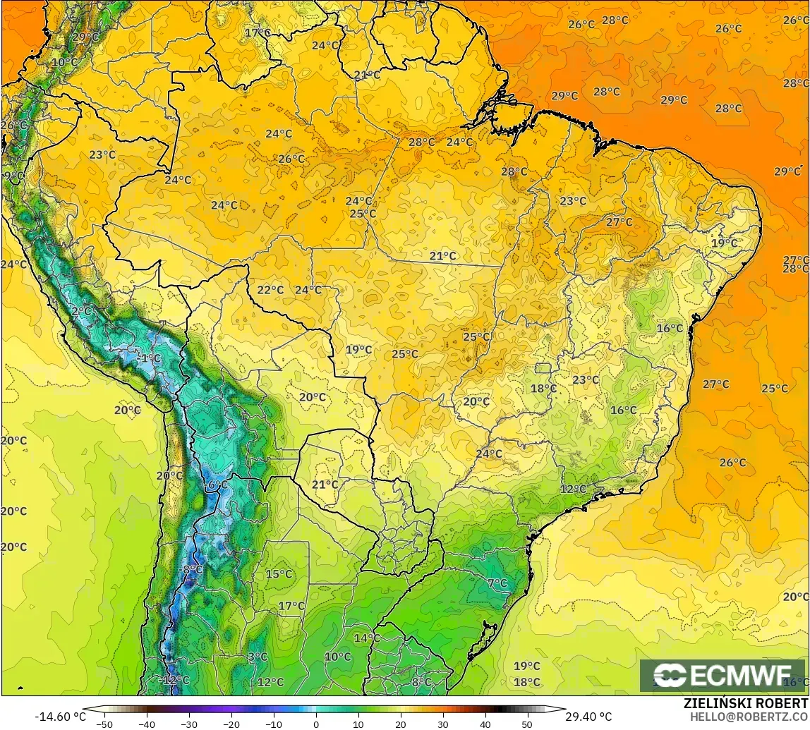 ECMWF IFS 0.25° modelo - Brasil, Temperatura a 2 m