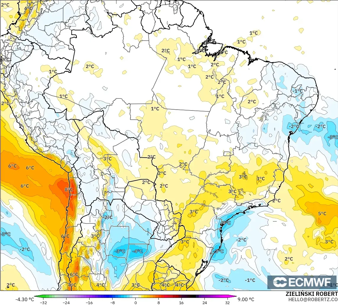 ECMWF IFS 0.25° modelo - Brasil, Anomalía de temperatura a 850 hPa