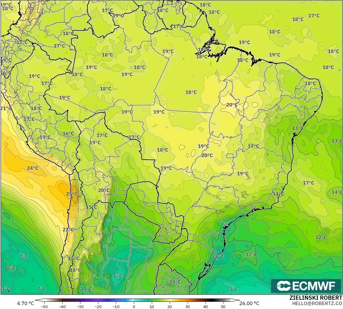 ECMWF IFS 0.25° modelo - Brasil, Temperatura a 850 hPa