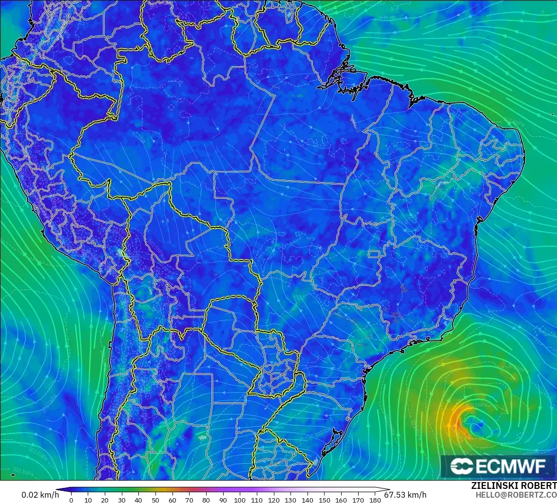 ECMWF IFS 0.25° modelo - Brasil, Viento a 10 m