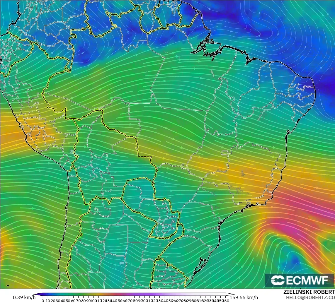 ECMWF IFS 0.25° modelo - Brasil, Viento a 300 hPa (corriente en chorro)