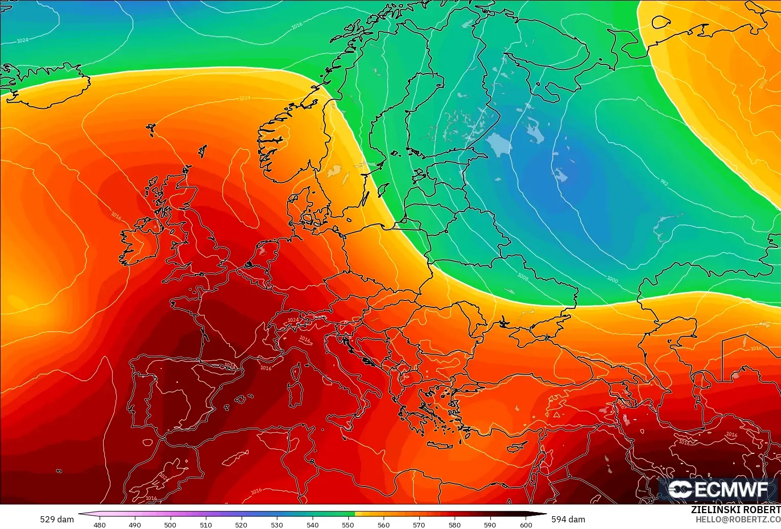 ECMWF IFS 0.25° modelo - Europa, Altura geopotencial a 500 hPa
