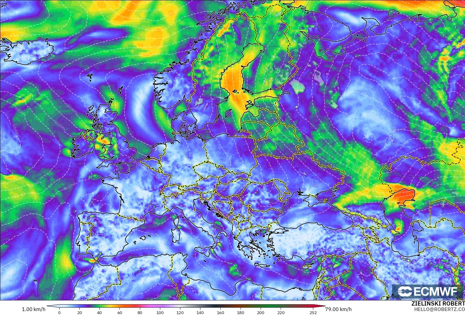 ECMWF IFS 0.25° modelo - Europa, Ráfagas de viento