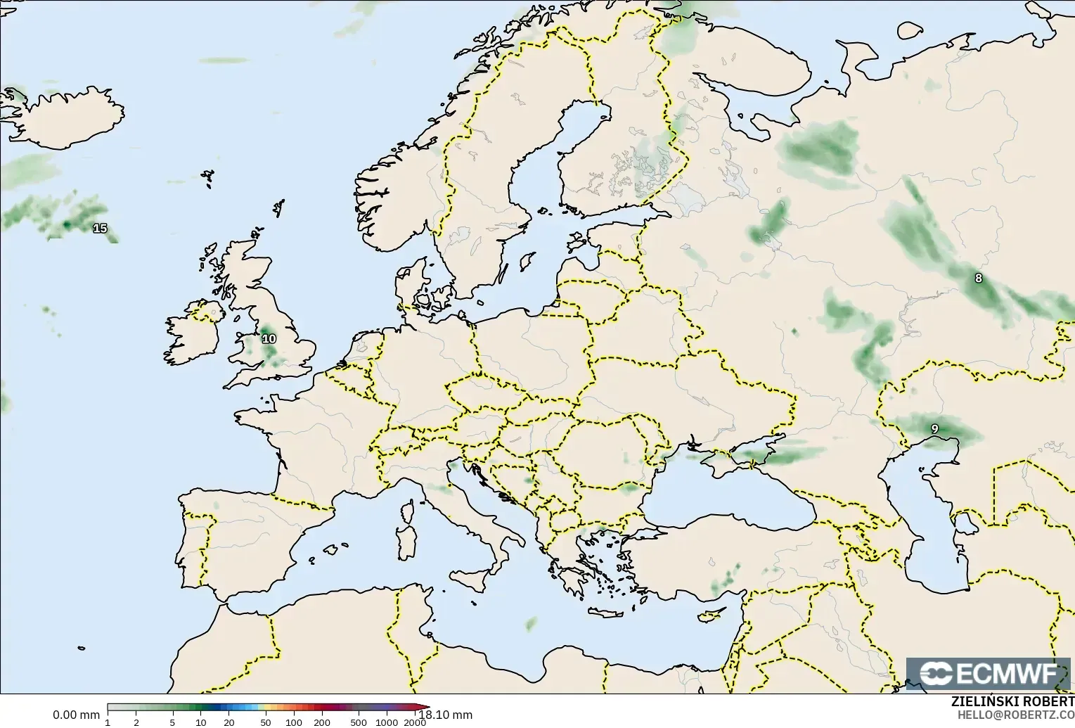 ECMWF IFS 0.25° modelo - Europa, Acumulación de precipitación