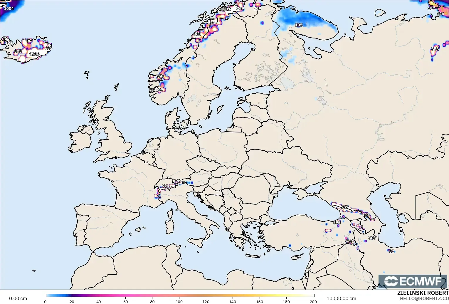 ECMWF IFS 0.25° modelo - Europa, Profundidad de nieve