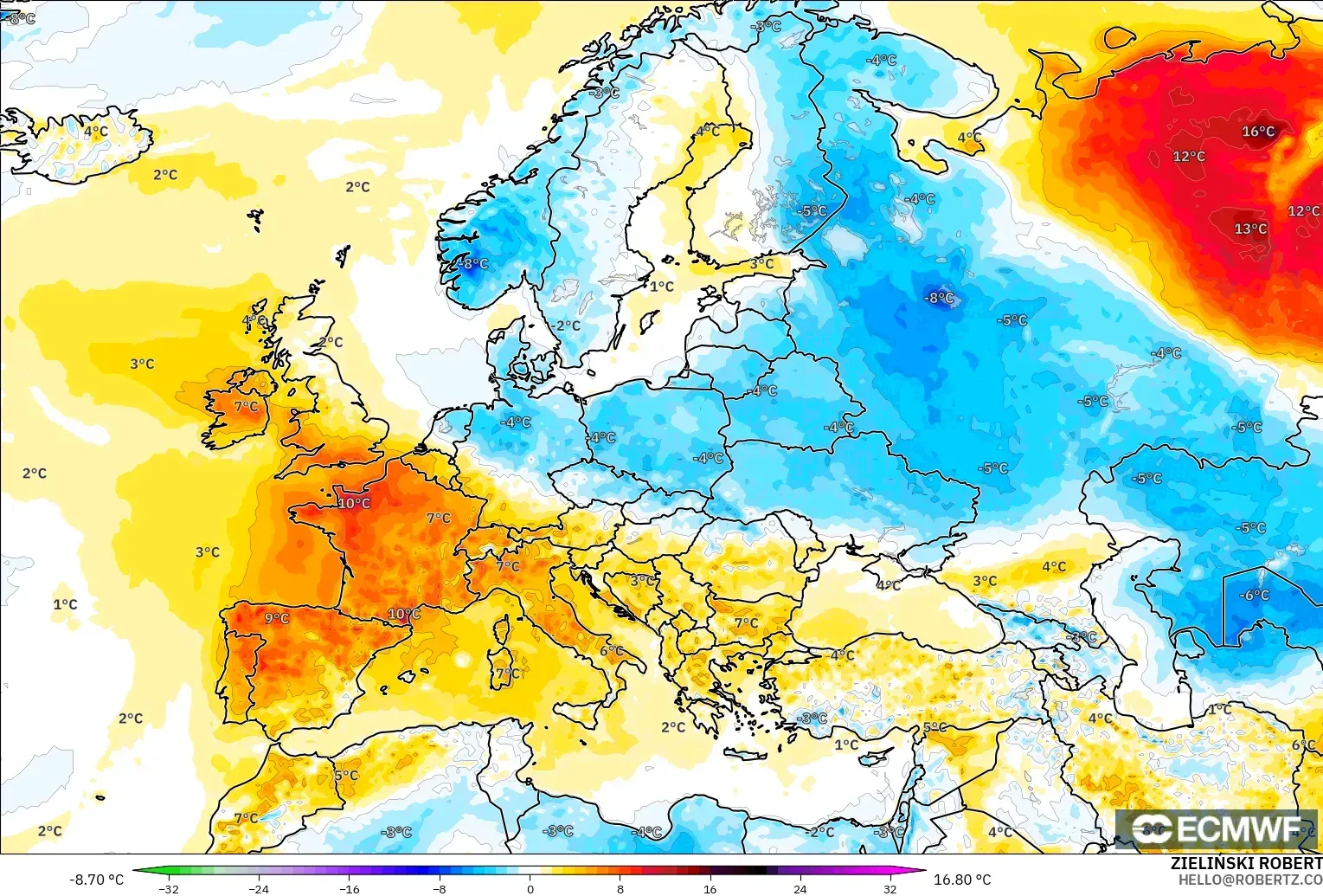 ECMWF IFS 0.25° modelo - Europa, Anomalía de temperatura a 2 m