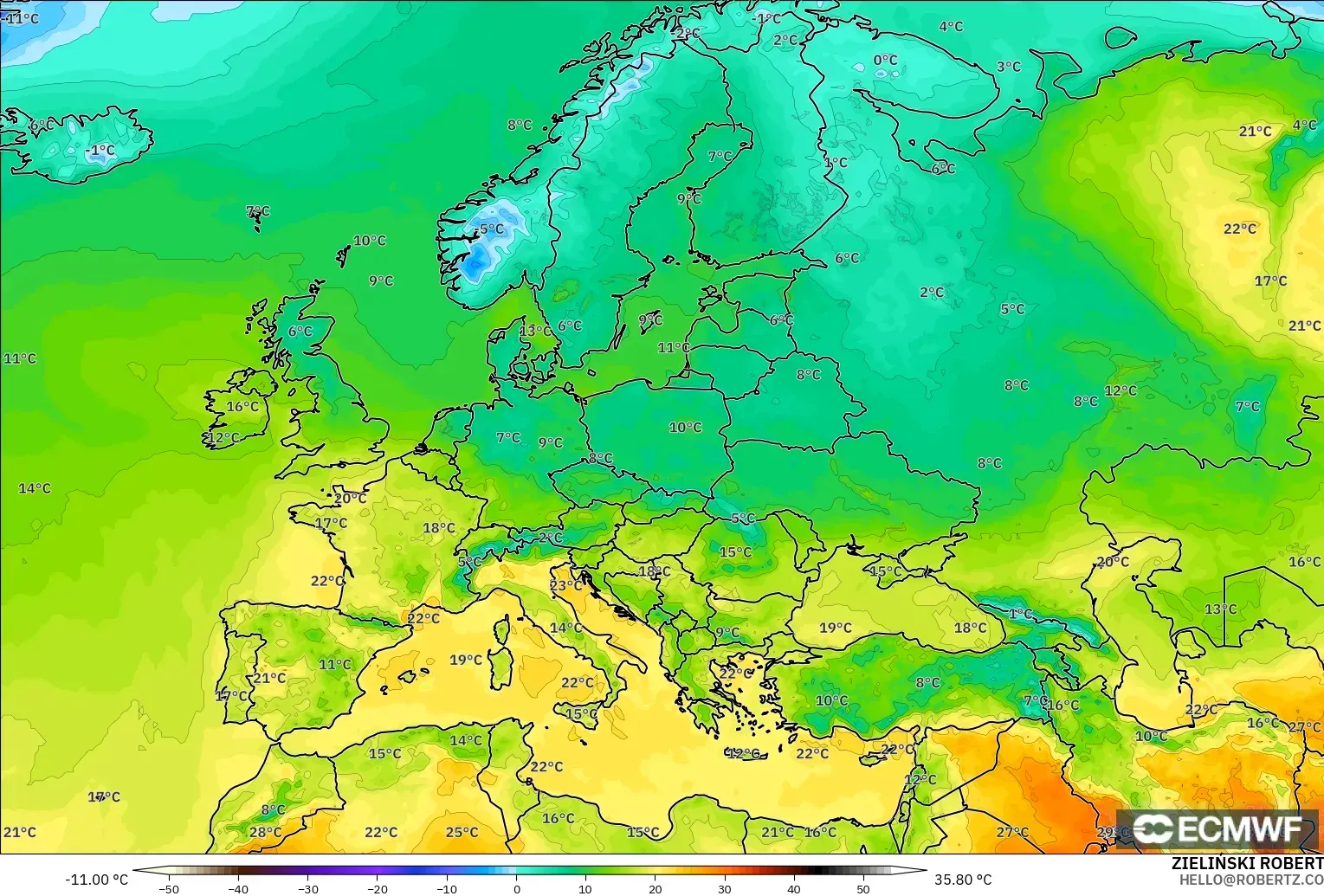 ECMWF IFS 0.25° modelo - Europa, Temperatura a 2 m