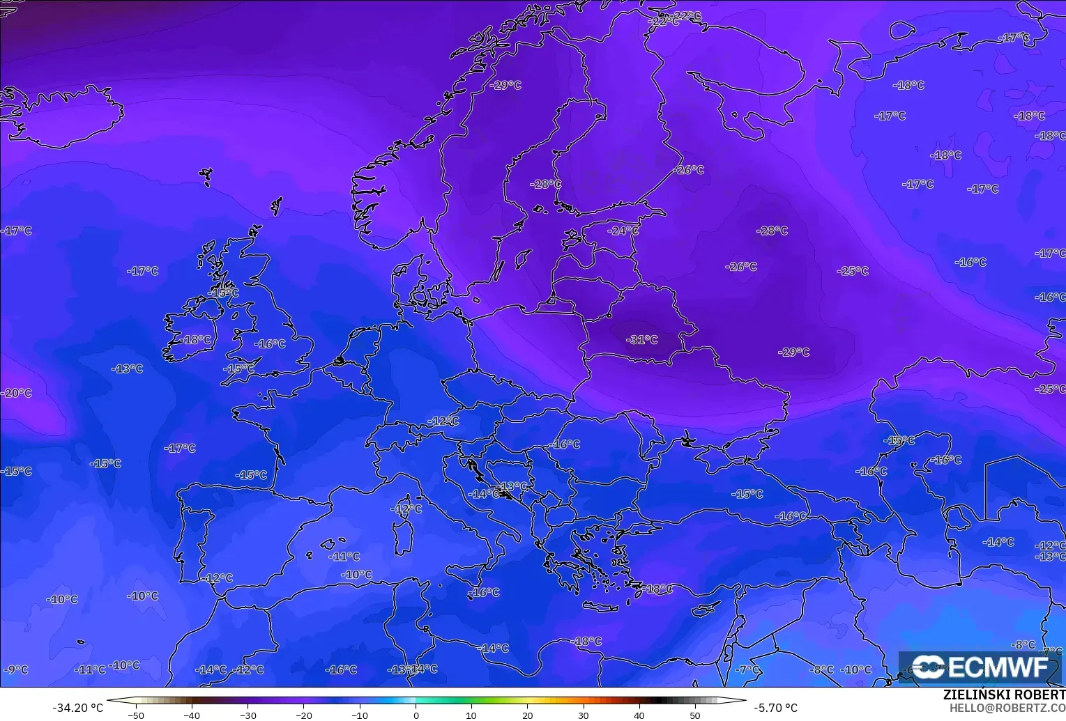 ECMWF IFS 0.25° modelo - Europa, Temperatura a 500 hPa