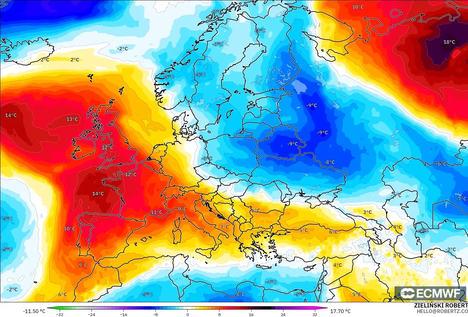 ECMWF IFS 0.25° modelo - Europa, Anomalía de temperatura a 850 hPa