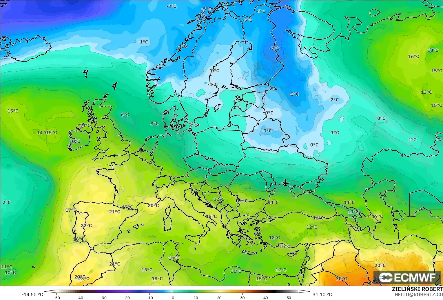 ECMWF IFS 0.25° modelo - Europa, Temperatura a 850 hPa