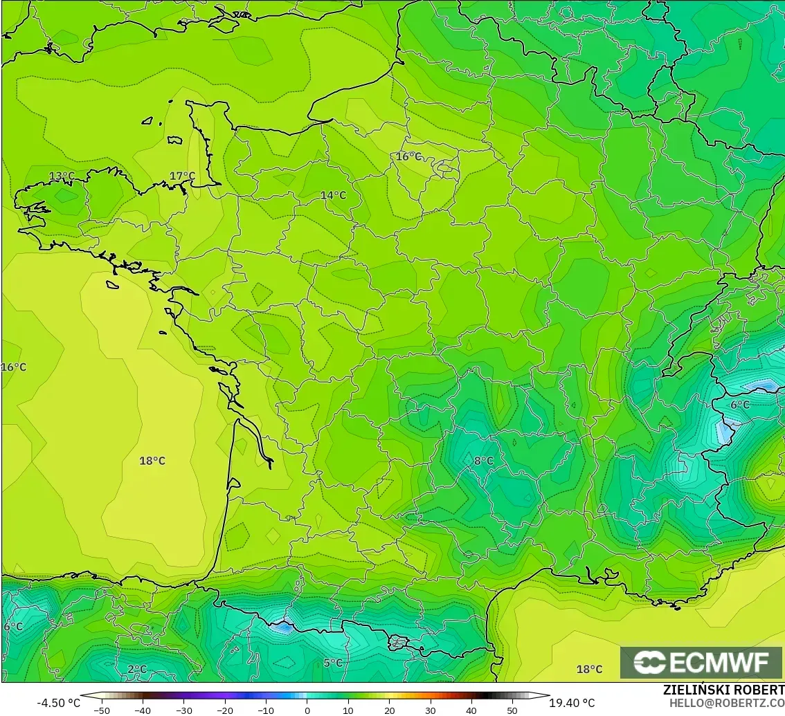 ECMWF IFS 0.25° modelo - Francia, Punto de rocío a 2 m