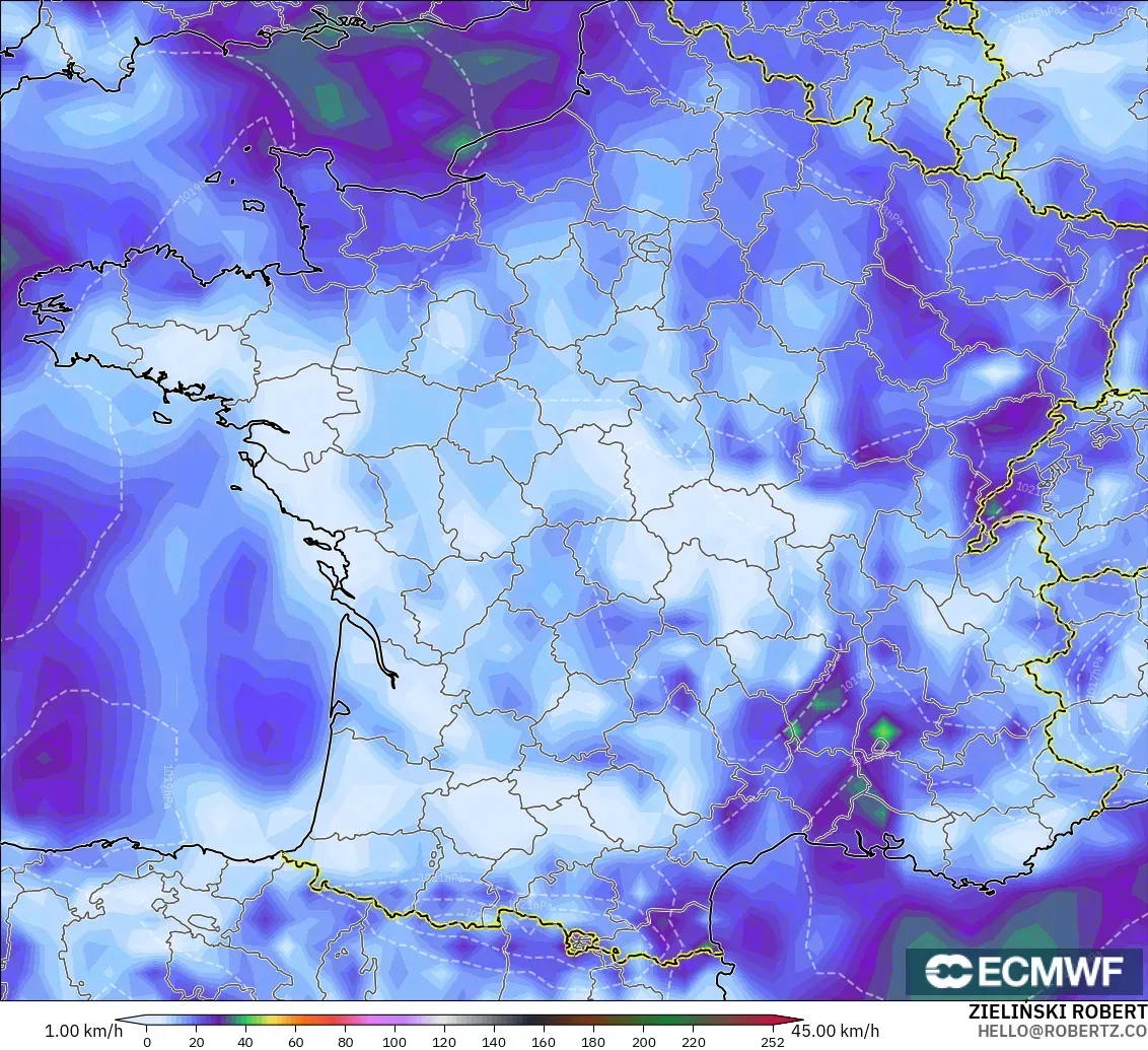 ECMWF IFS 0.25° modelo - Francia, Ráfagas de Viento Máximas