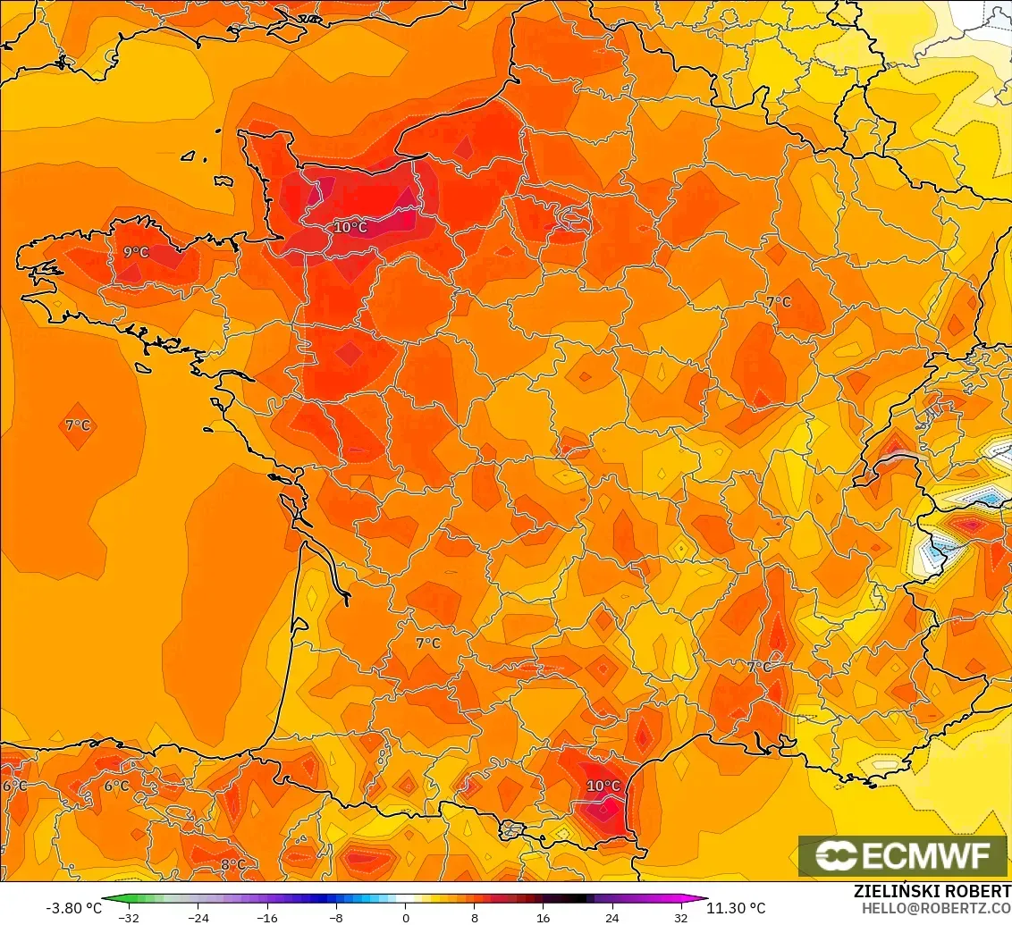 ECMWF IFS 0.25° modelo - Francia, Anomalía de temperatura a 2 m