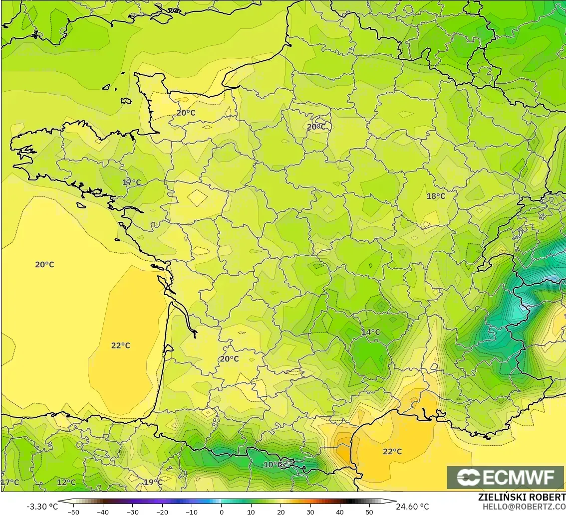 ECMWF IFS 0.25° modelo - Francia, Temperatura a 2 m