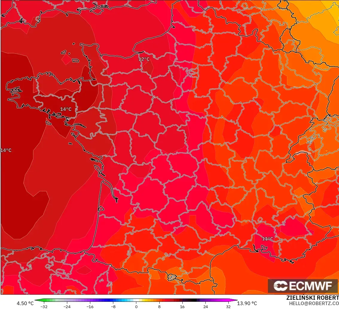 ECMWF IFS 0.25° modelo - Francia, Anomalía de temperatura a 850 hPa