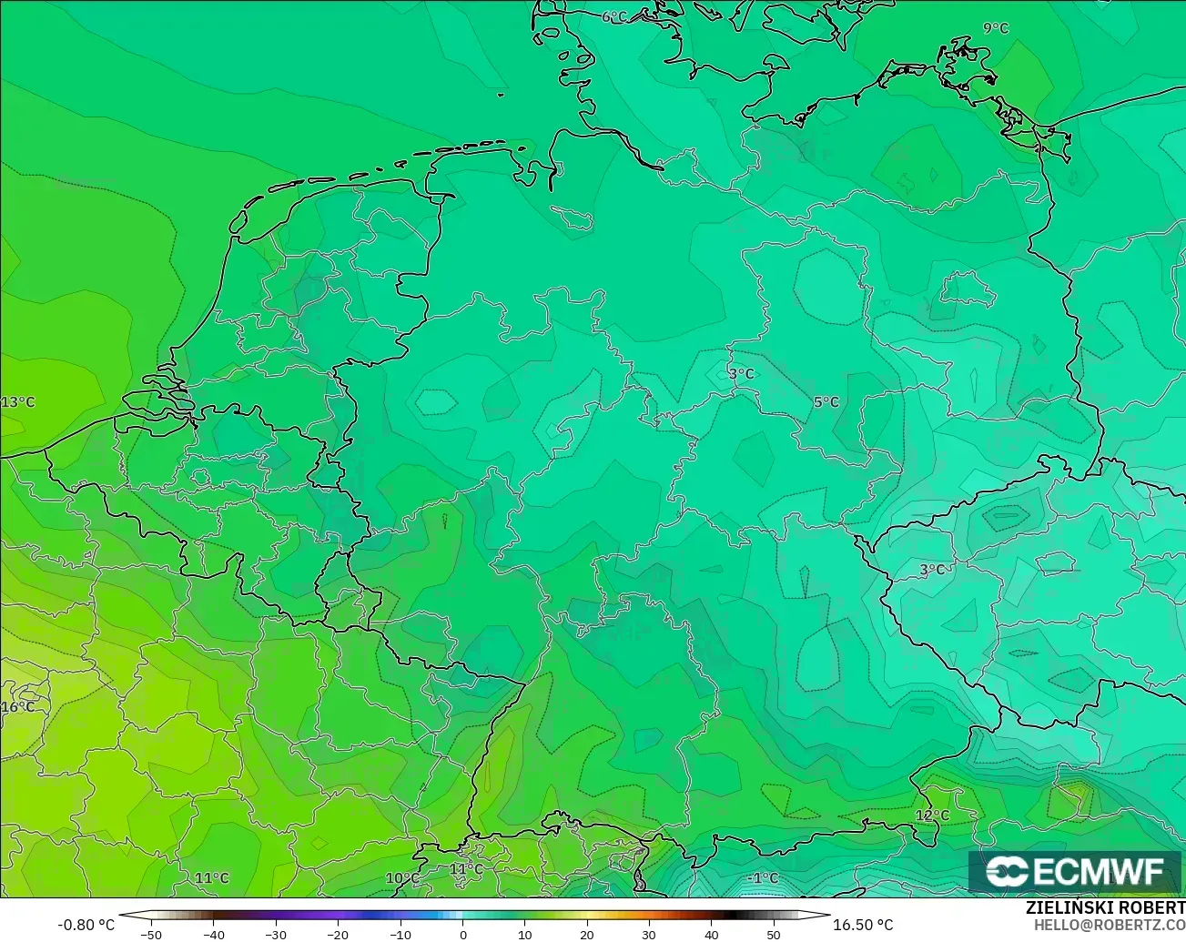 ECMWF IFS 0.25° modelo - Alemania, Punto de rocío a 2 m