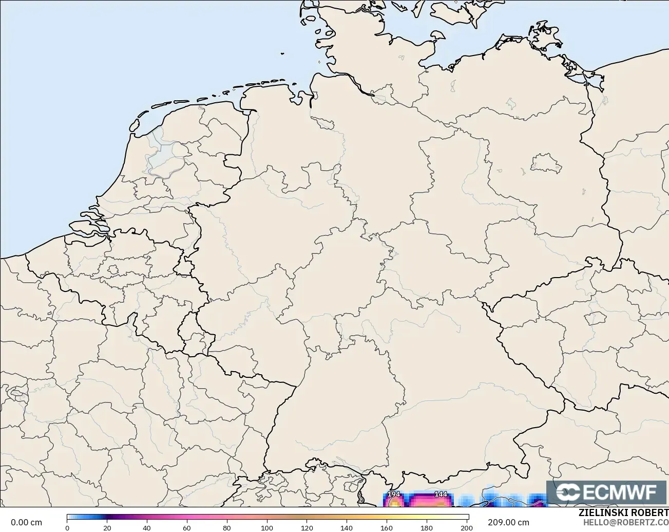 ECMWF IFS 0.25° modelo - Alemania, Profundidad de nieve