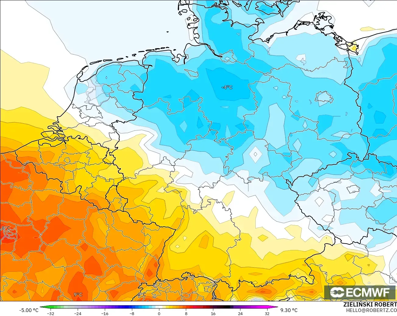 ECMWF IFS 0.25° modelo - Alemania, Anomalía de temperatura a 2 m