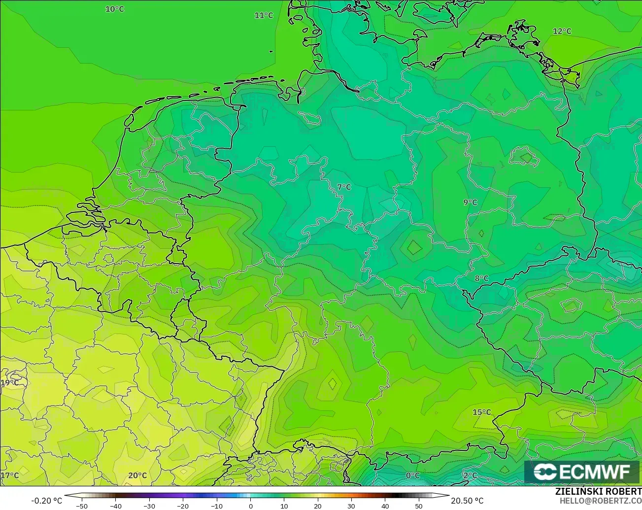 ECMWF IFS 0.25° modelo - Alemania, Temperatura a 2 m