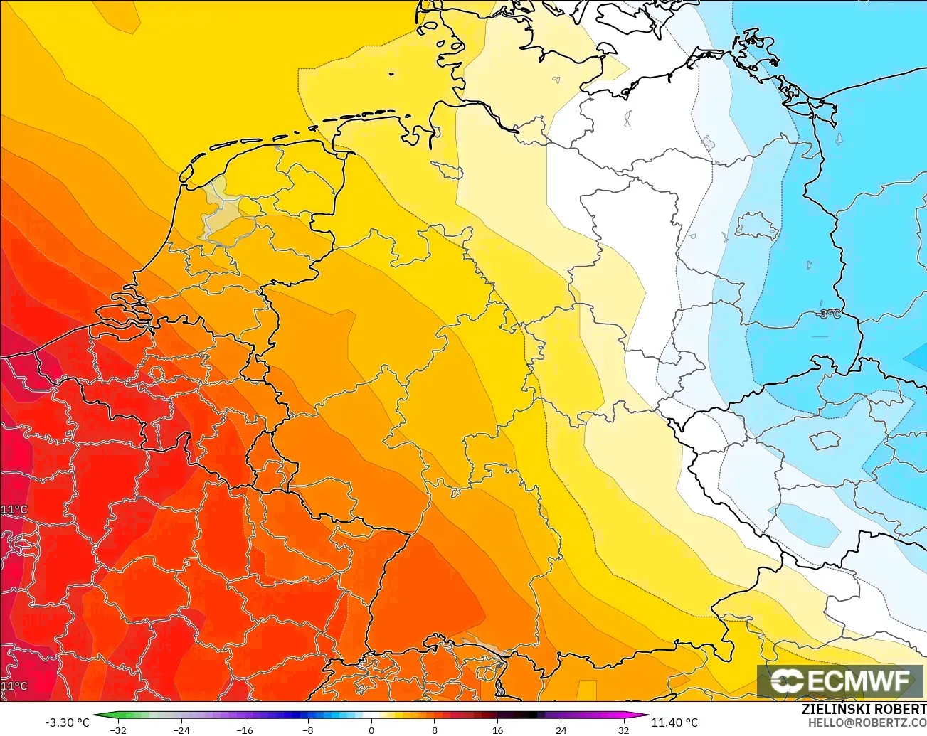 ECMWF IFS 0.25° modelo - Alemania, Anomalía de temperatura a 850 hPa