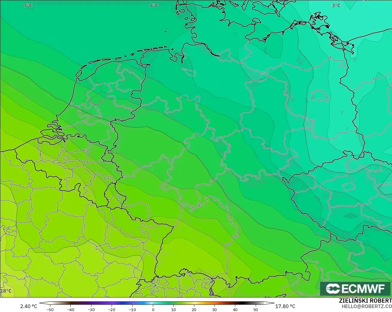 ECMWF IFS 0.25° modelo - Alemania, Temperatura a 850 hPa