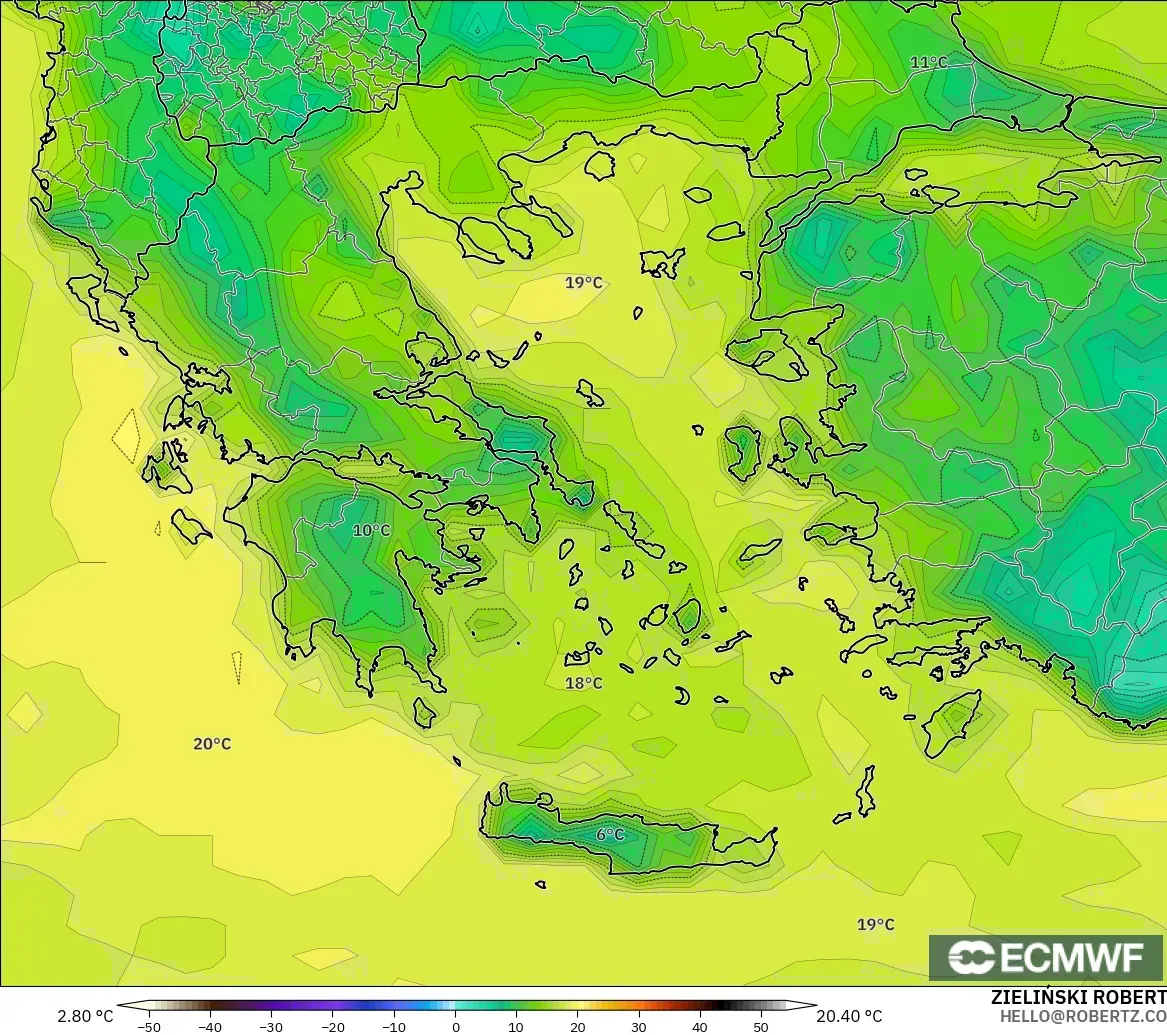 ECMWF IFS 0.25° modelo - Grecia, Punto de rocío a 2 m