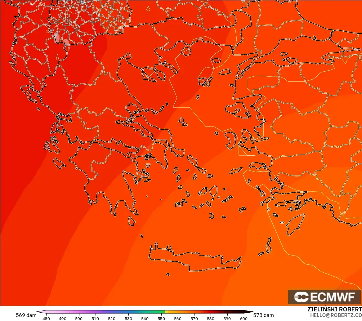 ECMWF IFS 0.25° modelo - Grecia, Altura geopotencial a 500 hPa