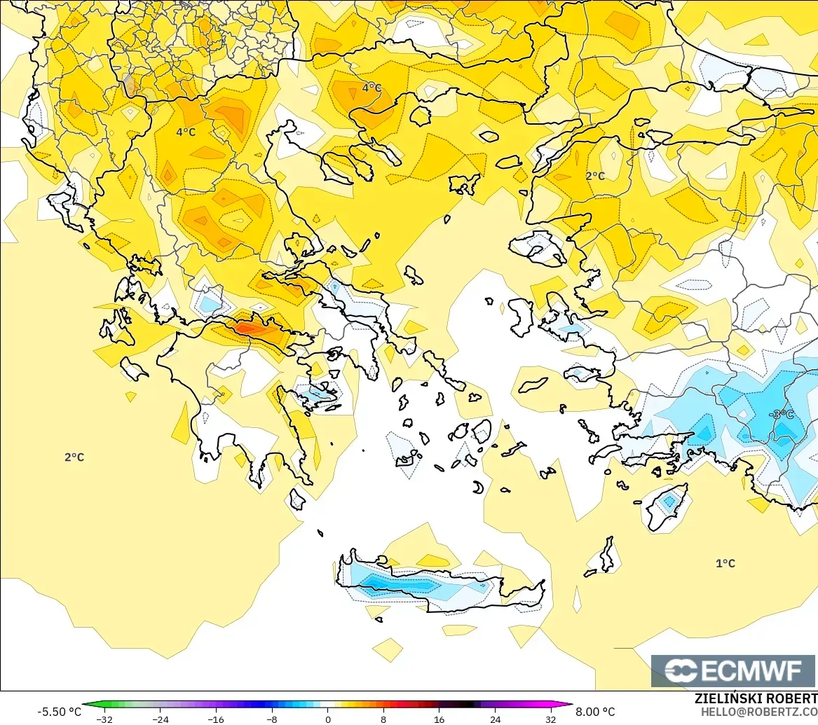 ECMWF IFS 0.25° modelo - Grecia, Anomalía de temperatura a 2 m