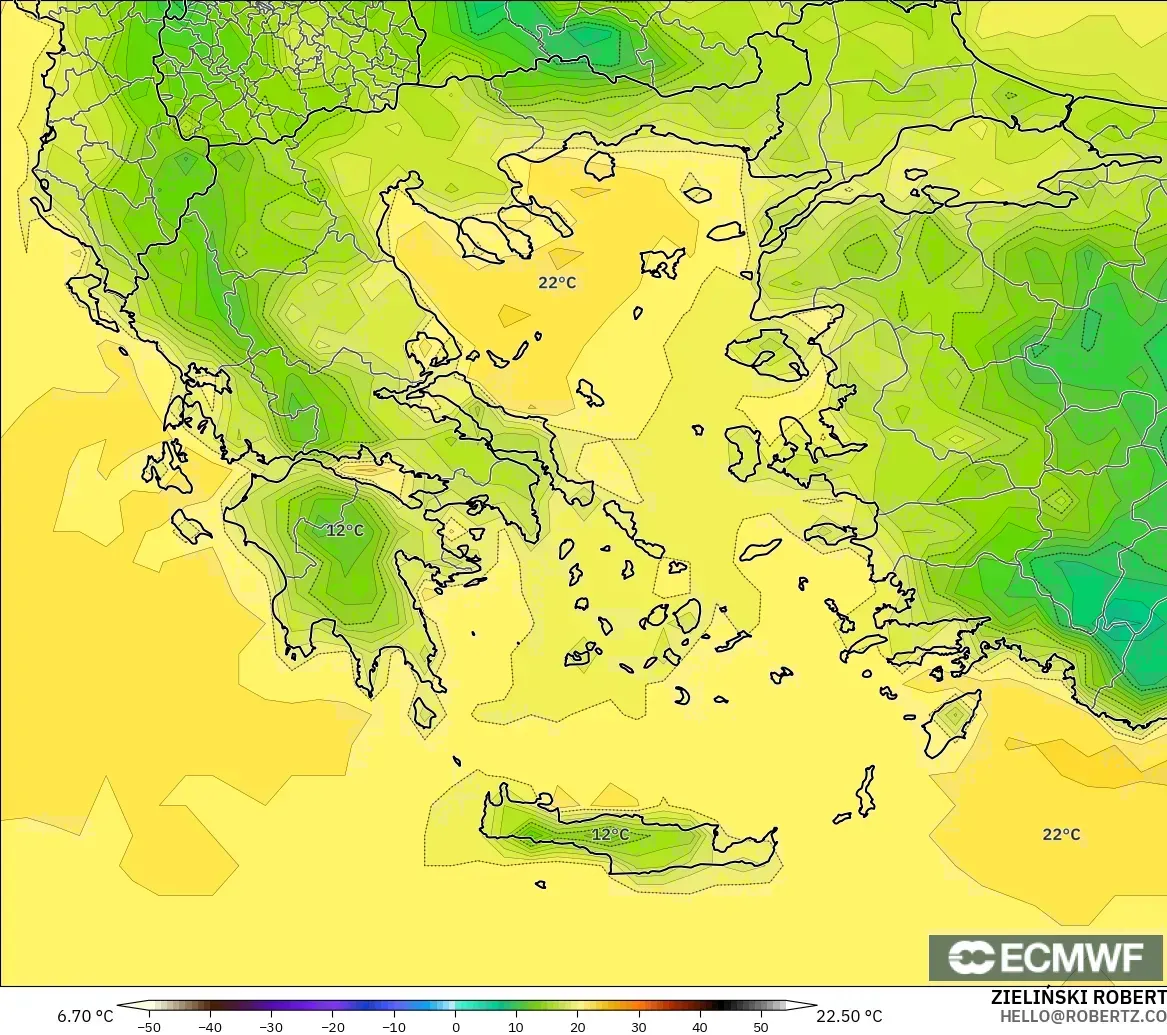 ECMWF IFS 0.25° modelo - Grecia, Temperatura a 2 m